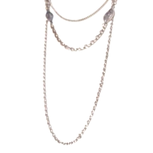 VINTAGE TRIPLE-STRAND SIDE METAL FLOWER CRYSTAL SILVER-TONE 24 -27" NECKLACE - Picture 5 of 10